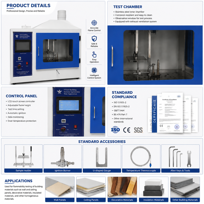 Thiết bị thử nghiệm ngọn lửa ISO11925 trong phòng thí nghiệm để phân tích an toàn cháy vật liệu xây dựng