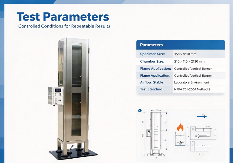 Laboratory Flame Propagation Testing Machine for Heavy Weight Fabrics and Plastic Films